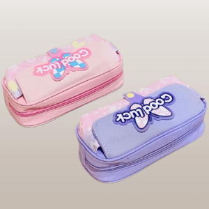Cute Pastel Pencil Cases with “Good Luck” Text and Bow Design