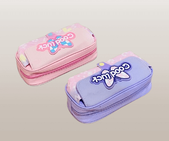 Cute Pastel Pencil Cases with “Good Luck” Text and Bow Design